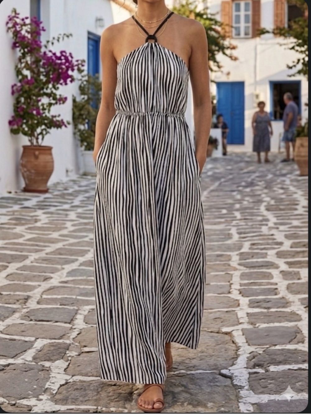 Express Black & White Striped Halter Ring Neck Maxi Dress Size M
